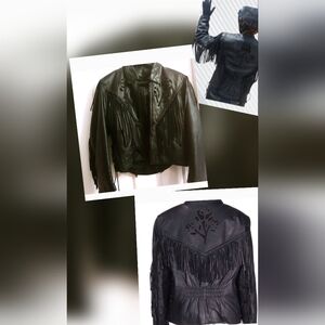 Black Genuine Leather Fringed Jacket w/ Black Rose
